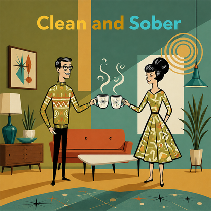 Thumbnail of a 1950s mid-century modern style “Clean and Sober” illustration featuring a retro couple sharing coffee in an atomic-era living room for a sobriety themed coffee mug design.
