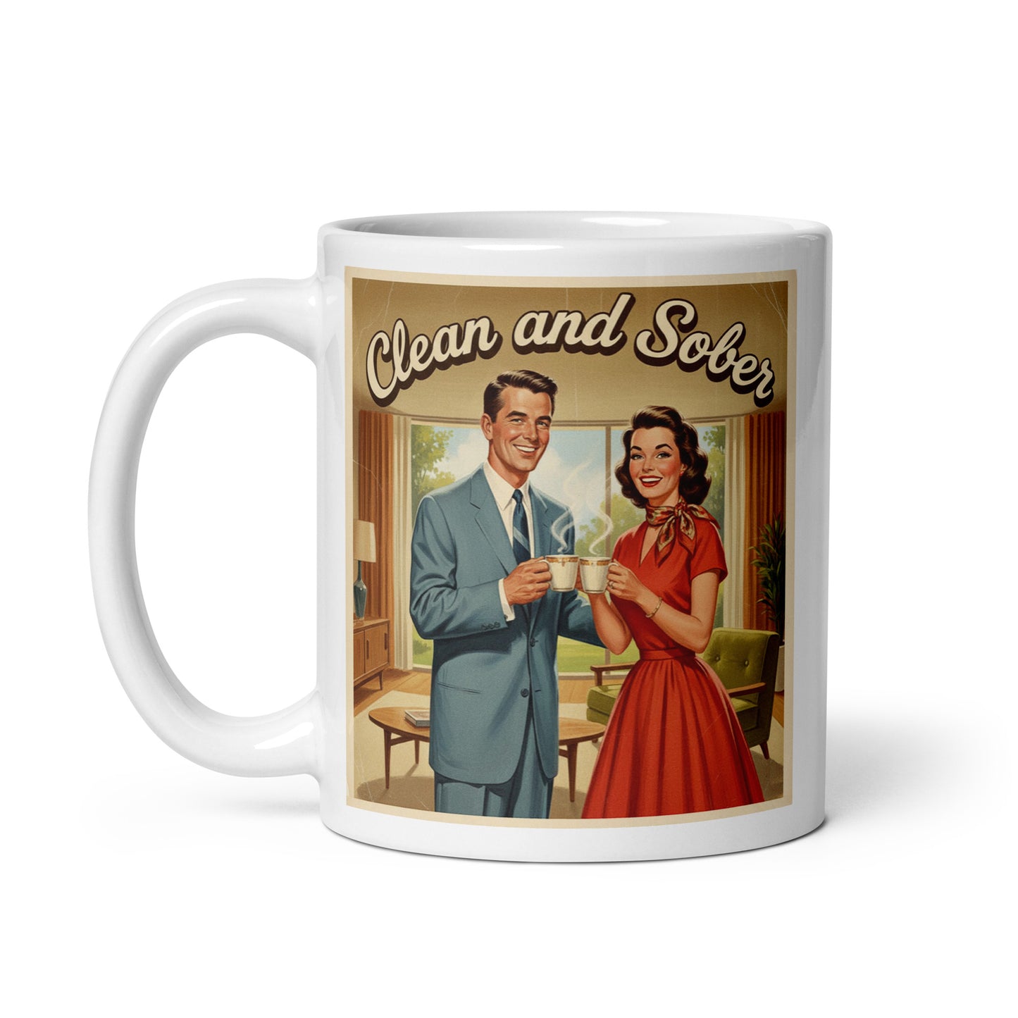 Conservative 1950s retro style “Clean and Sober” illustration featuring a smiling vintage couple holding coffee mugs in a mid-century modern living room for a sobriety themed coffee mug design.