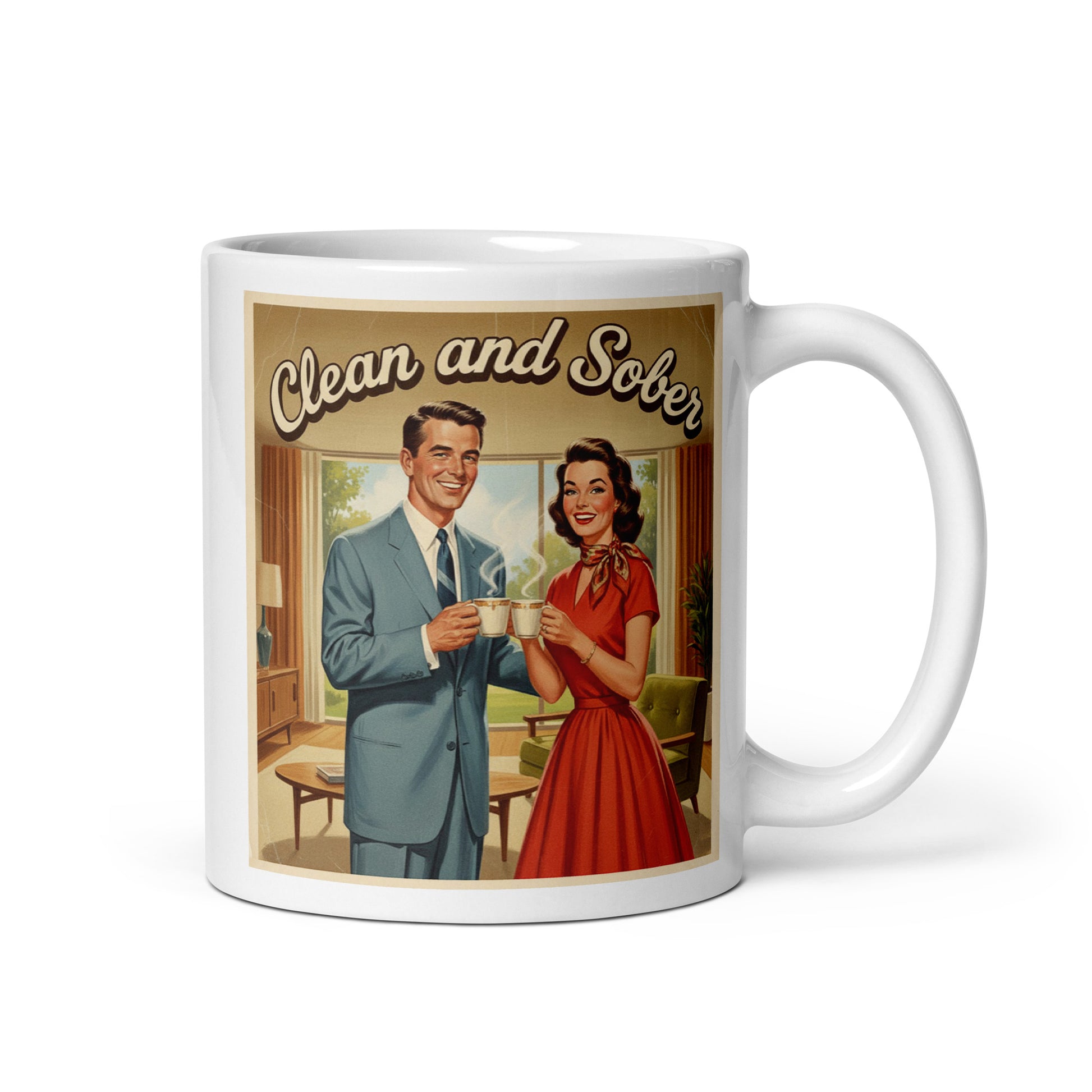 1950s retro style “Clean and Sober” illustration featuring a smiling vintage couple holding coffee mugs in a mid-century modern living room for a sobriety themed coffee mug design.