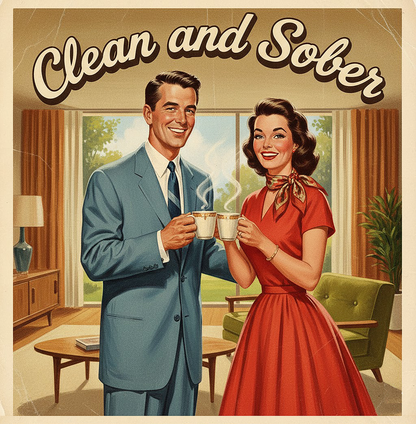 Thumbnail of a 1950s retro style “Clean and Sober” illustration featuring a smiling vintage couple holding coffee mugs in a mid-century modern living room for a sobriety themed coffee mug design.
