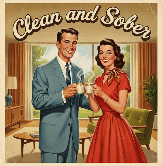 Thumbnail of a 1950s retro style “Clean and Sober” illustration featuring a smiling vintage couple holding coffee mugs in a mid-century modern living room for a sobriety themed coffee mug design.