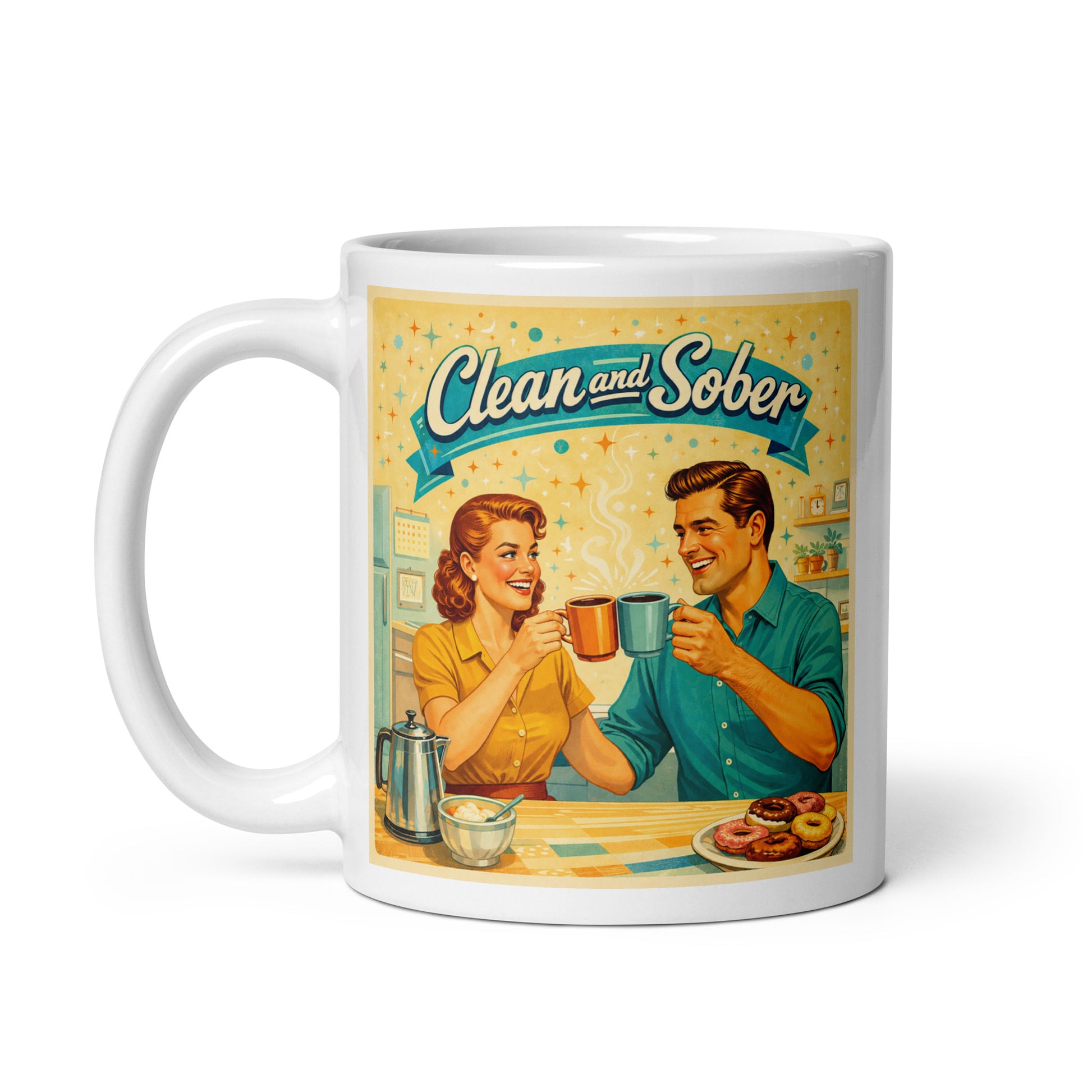 A cool 1950s retro clean and sober coffee mug design with smiling couple drinking coffee in vintage mid-century kitchen scene.