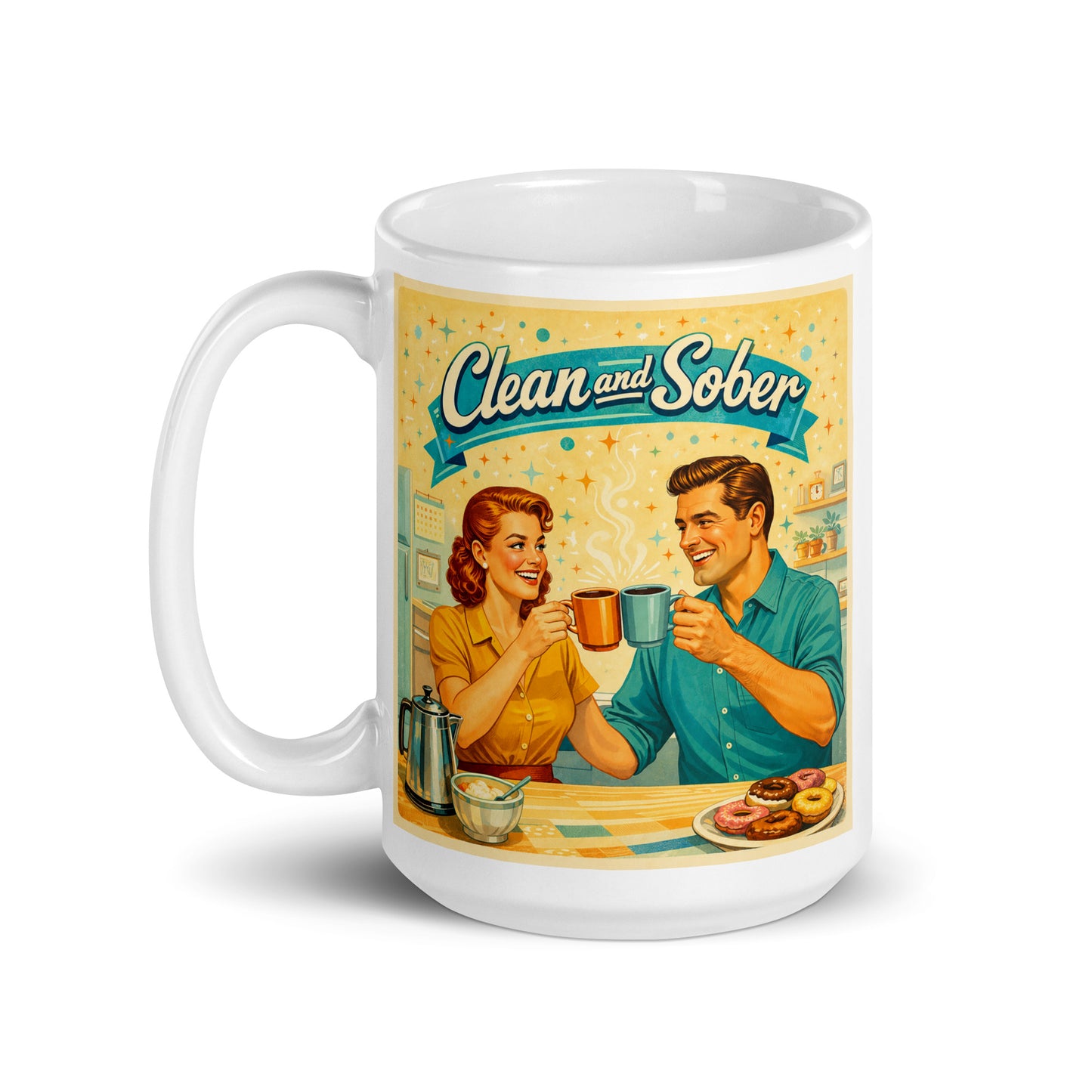 A nostalgic 1950s retro clean and sober coffee mug design with smiling couple drinking coffee in vintage mid-century kitchen scene.