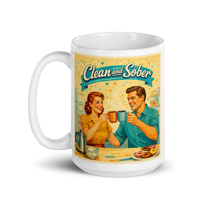 A nostalgic 1950s retro clean and sober coffee mug design with smiling couple drinking coffee in vintage mid-century kitchen scene.