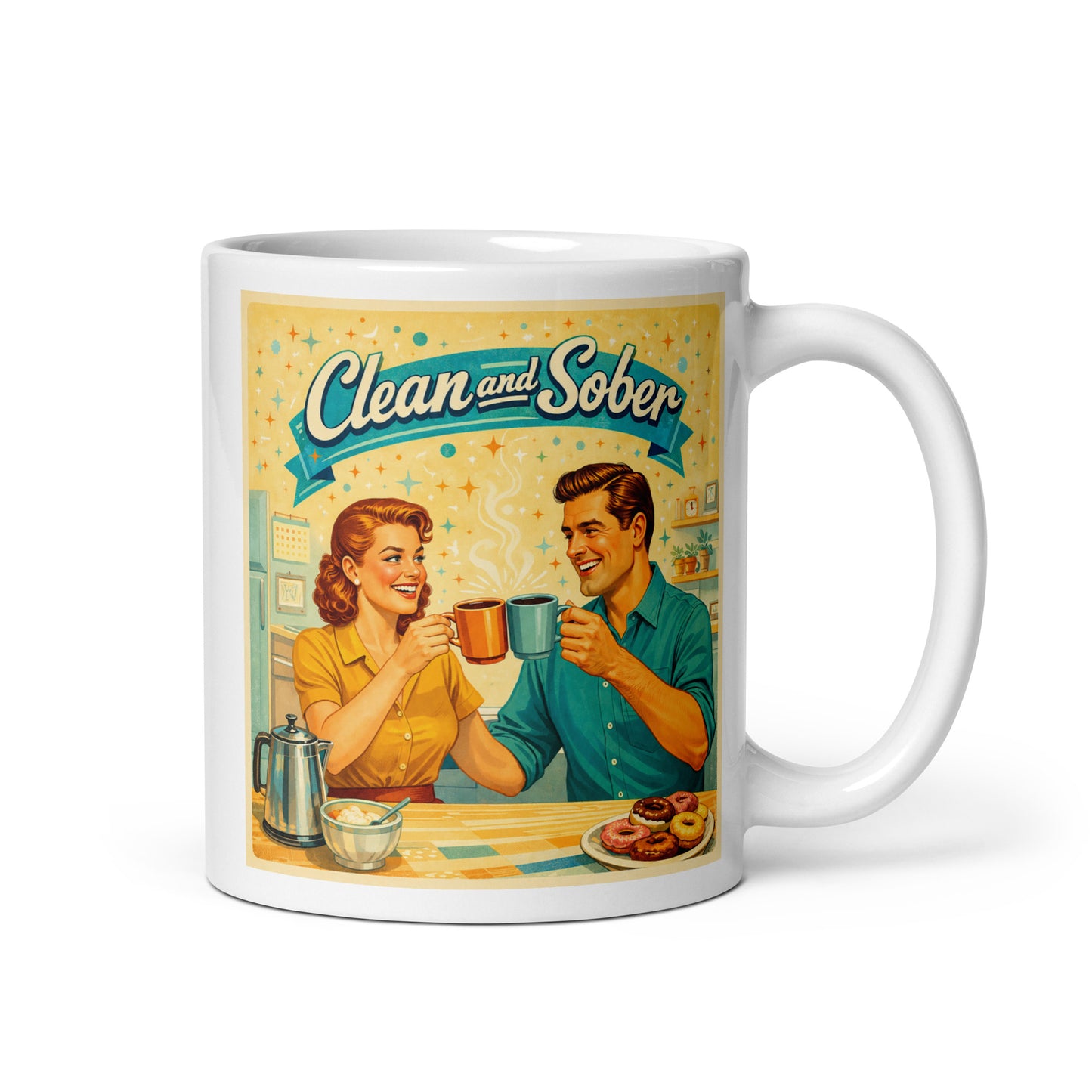 1950s retro clean and sober coffee mug design with smiling couple drinking coffee in vintage mid-century kitchen scene.