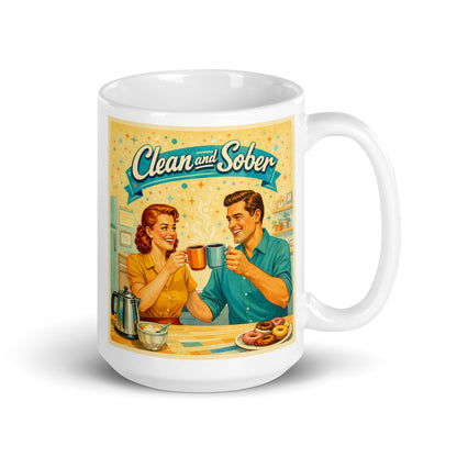 A 1950s retro clean & sober coffee mug design with smiling couple drinking coffee in vintage mid-century kitchen scene.