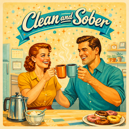 Thumbnail of a 1950s retro clean and sober coffee mug design with smiling couple drinking coffee in vintage mid-century kitchen scene.
