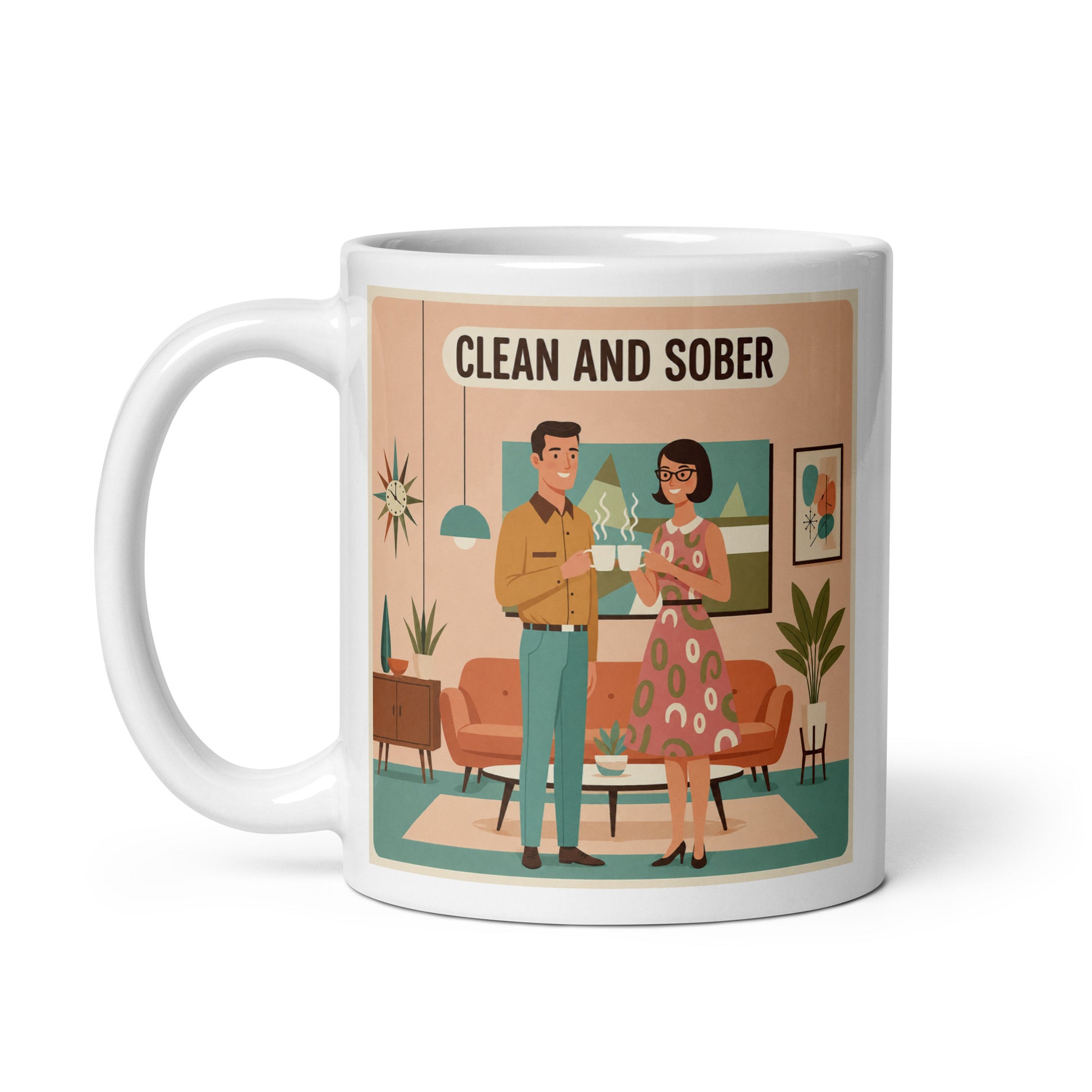 Cool and hip 1950s retro clean and sober couple coffee mug design with mid century modern living room, pastel colors, and vintage recovery themed artwork.