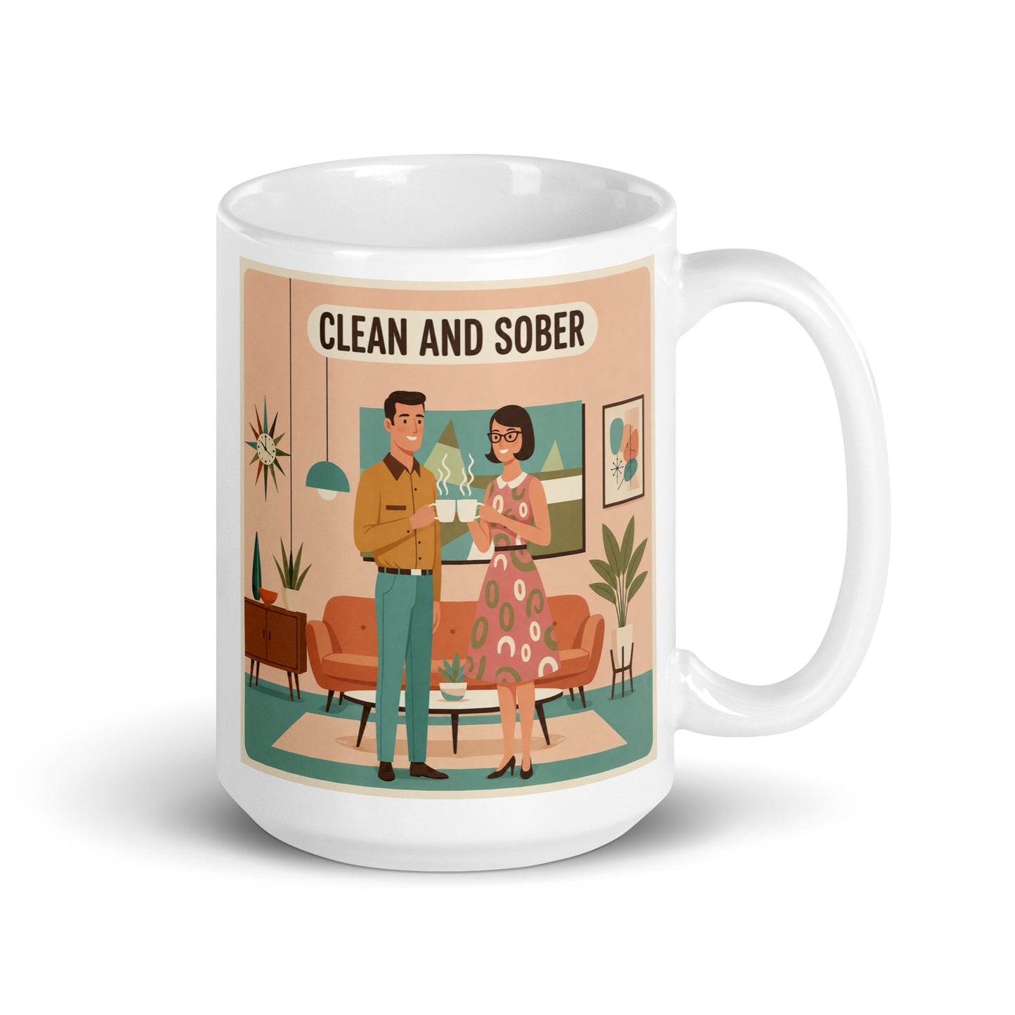 Cool looking 1950s retro clean and sober couple coffee mug design with mid century modern living room, pastel colors, and vintage recovery themed artwork.