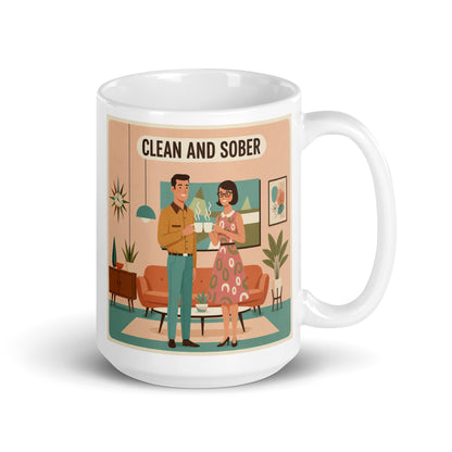 Cool looking 1950s retro clean and sober couple coffee mug design with mid century modern living room, pastel colors, and vintage recovery themed artwork.