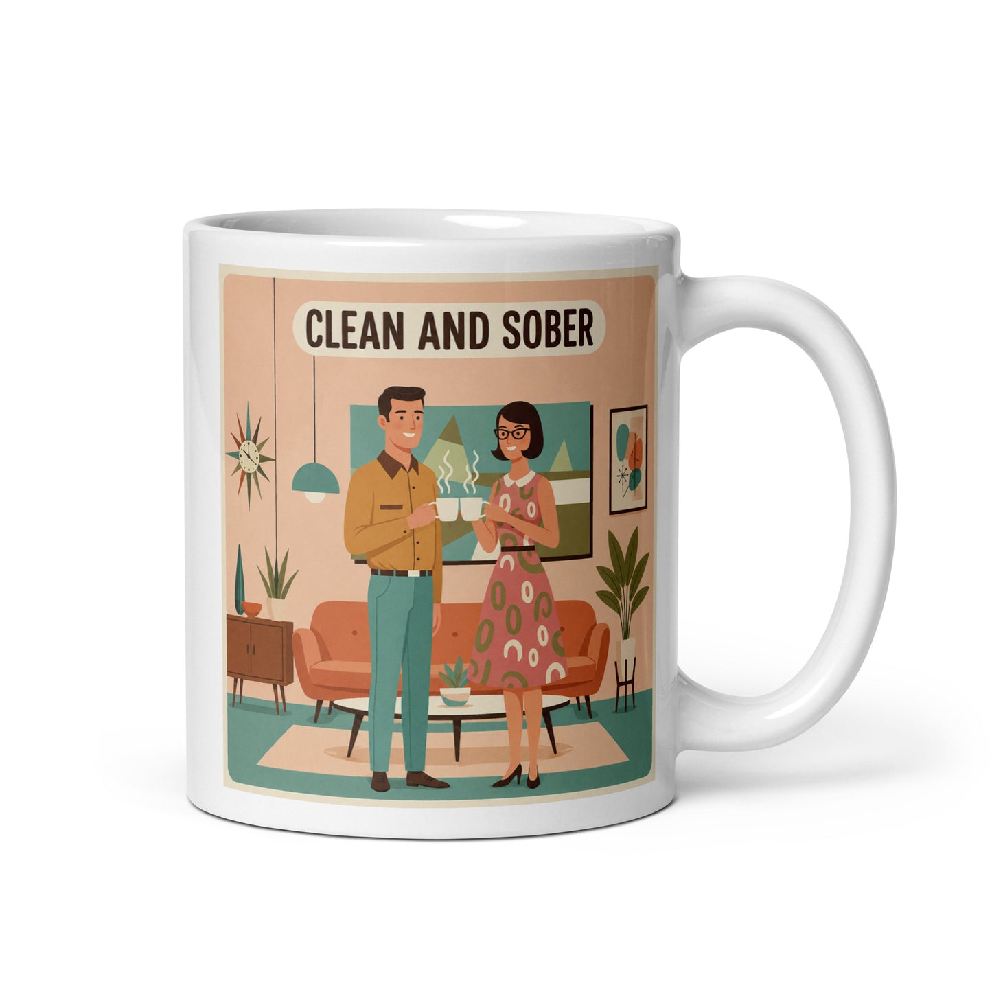 1950s retro clean and sober couple coffee mug design with mid century modern living room, pastel colors, and vintage recovery themed artwork.