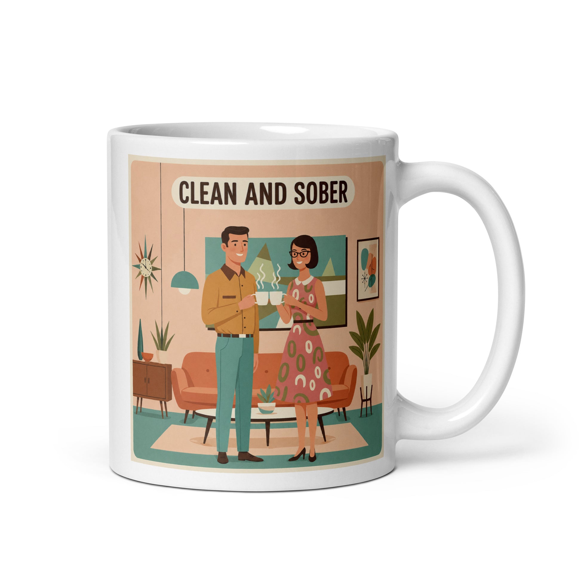 1950s retro clean and sober couple coffee mug design with mid century modern living room, pastel colors, and vintage recovery themed artwork.