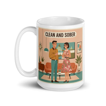 Hip looking 1950s retro clean &sober couple coffee mug design with mid century modern living room, pastel colors, and vintage recovery themed artwork.