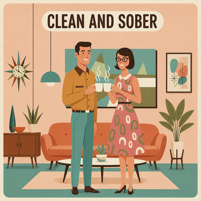 Thumbnail of a 1950s retro clean and sober couple coffee mug design with mid century modern living room, pastel colors, and vintage recovery themed artwork.