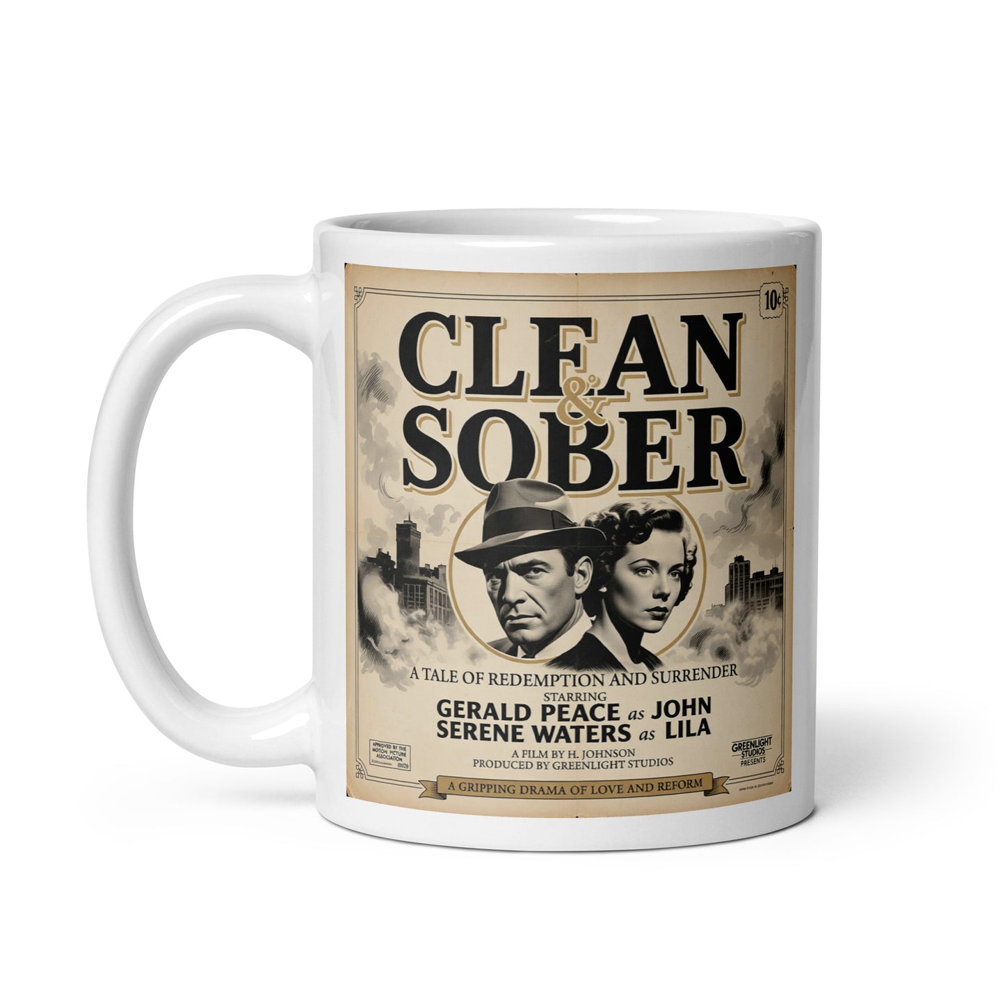 Gripping 1950s noir style clean and sober coffee mug design with vintage movie poster couple and black-and-white recovery artwork.