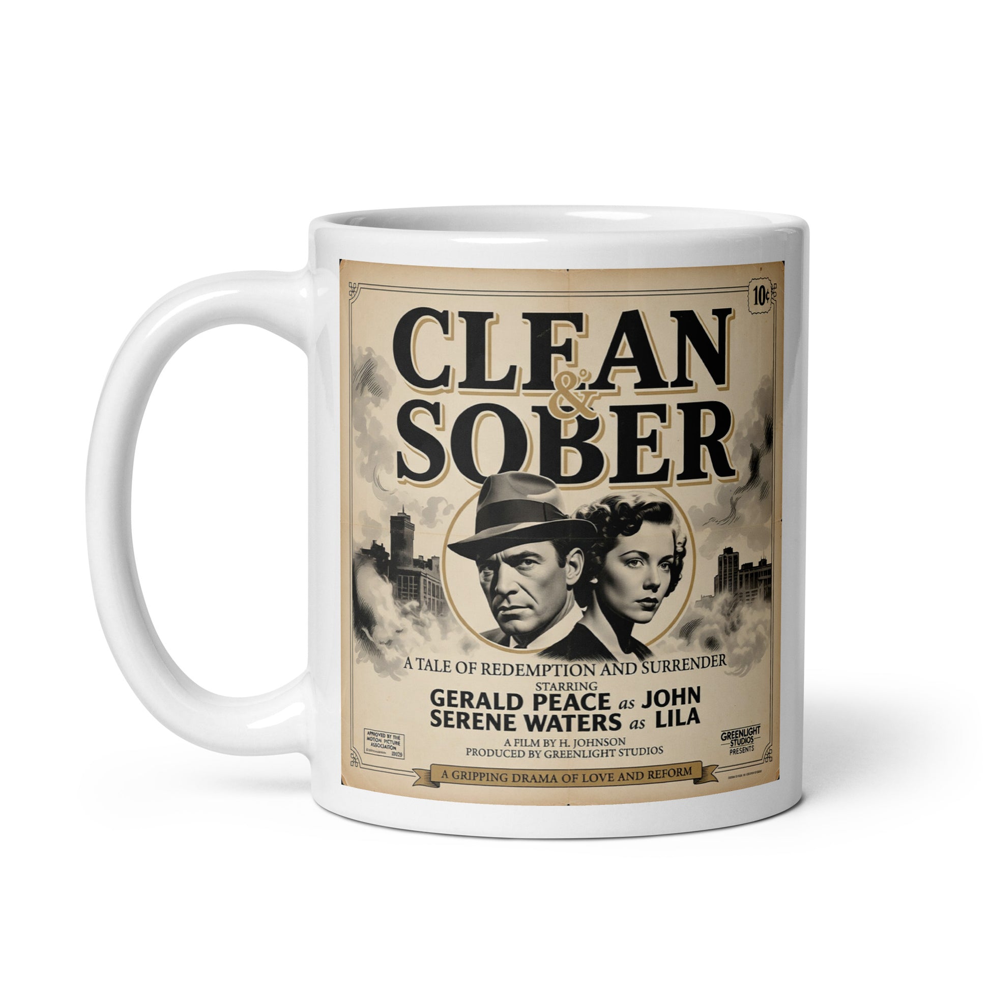 Gripping 1950s noir style clean and sober coffee mug design with vintage movie poster couple and black-and-white recovery artwork.