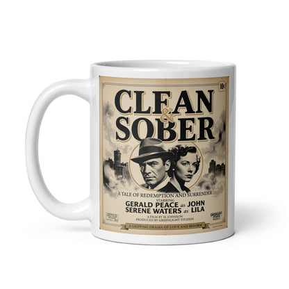 Gripping 1950s noir style clean and sober coffee mug design with vintage movie poster couple and black-and-white recovery artwork.
