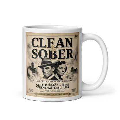 1950s noir style clean and sober coffee mug design with vintage movie poster couple and black-and-white recovery artwork.