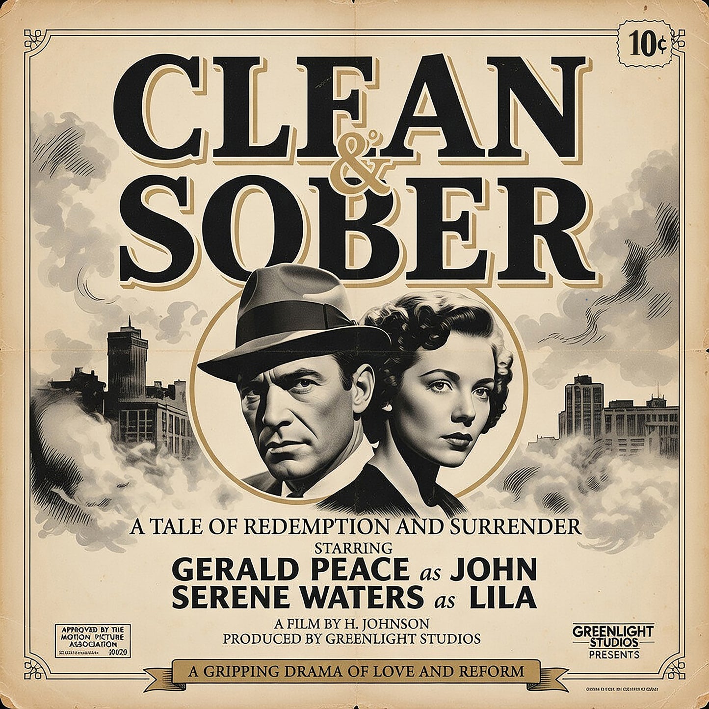 Thumbnail of a 1950s noir style clean and sober coffee mug design with vintage movie poster couple and black-and-white recovery artwork.