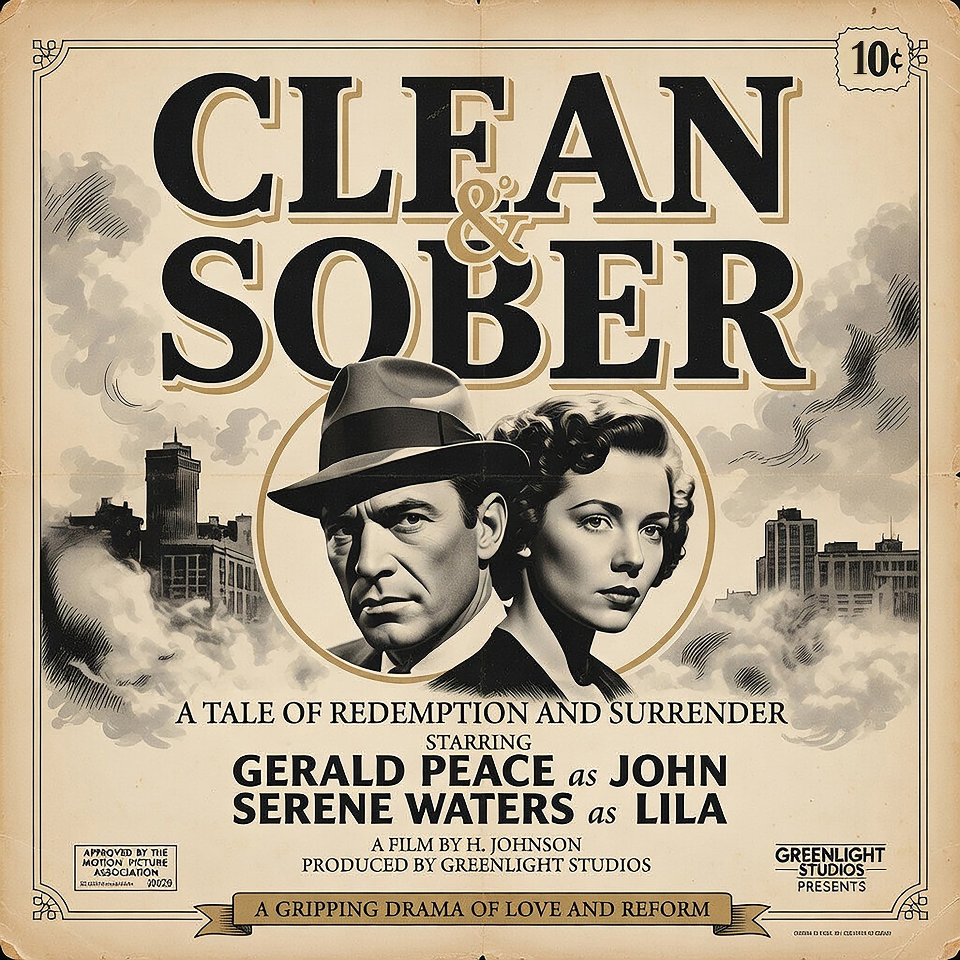 Thumbnail of a 1950s noir style clean and sober coffee mug design with vintage movie poster couple and black-and-white recovery artwork.