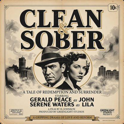 Thumbnail of a 1950s noir style clean and sober coffee mug design with vintage movie poster couple and black-and-white recovery artwork.