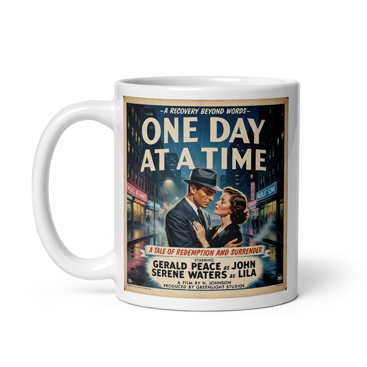 1950s retro film noir one day at a time sobriety coffee mug design with vintage movie poster couple in rainy city street scene.