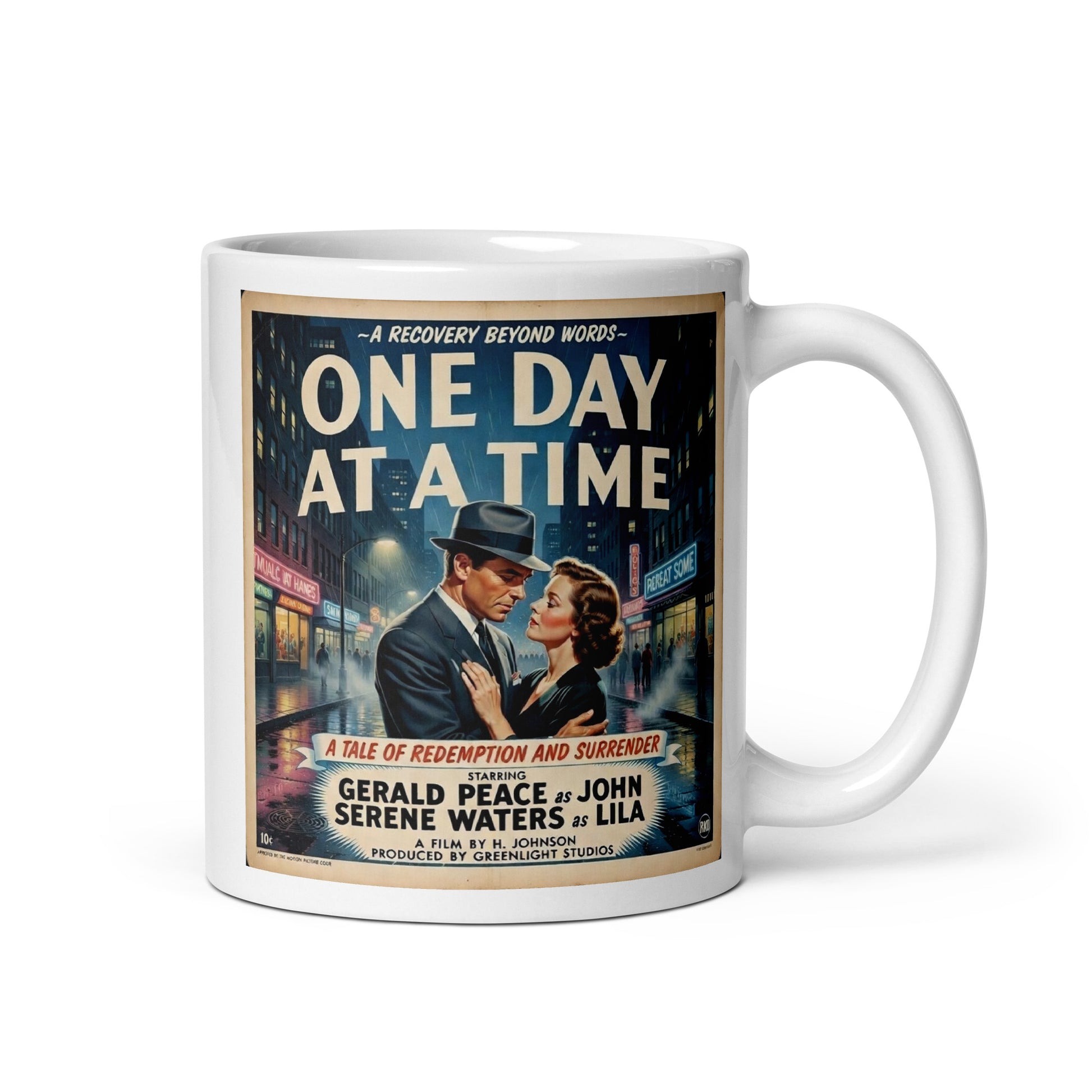 A film noir 1950s retro one day at a time sobriety coffee mug design with vintage movie poster couple in rainy city street scene.