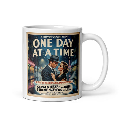 A film noir 1950s retro one day at a time sobriety coffee mug design with vintage movie poster couple in rainy city street scene.