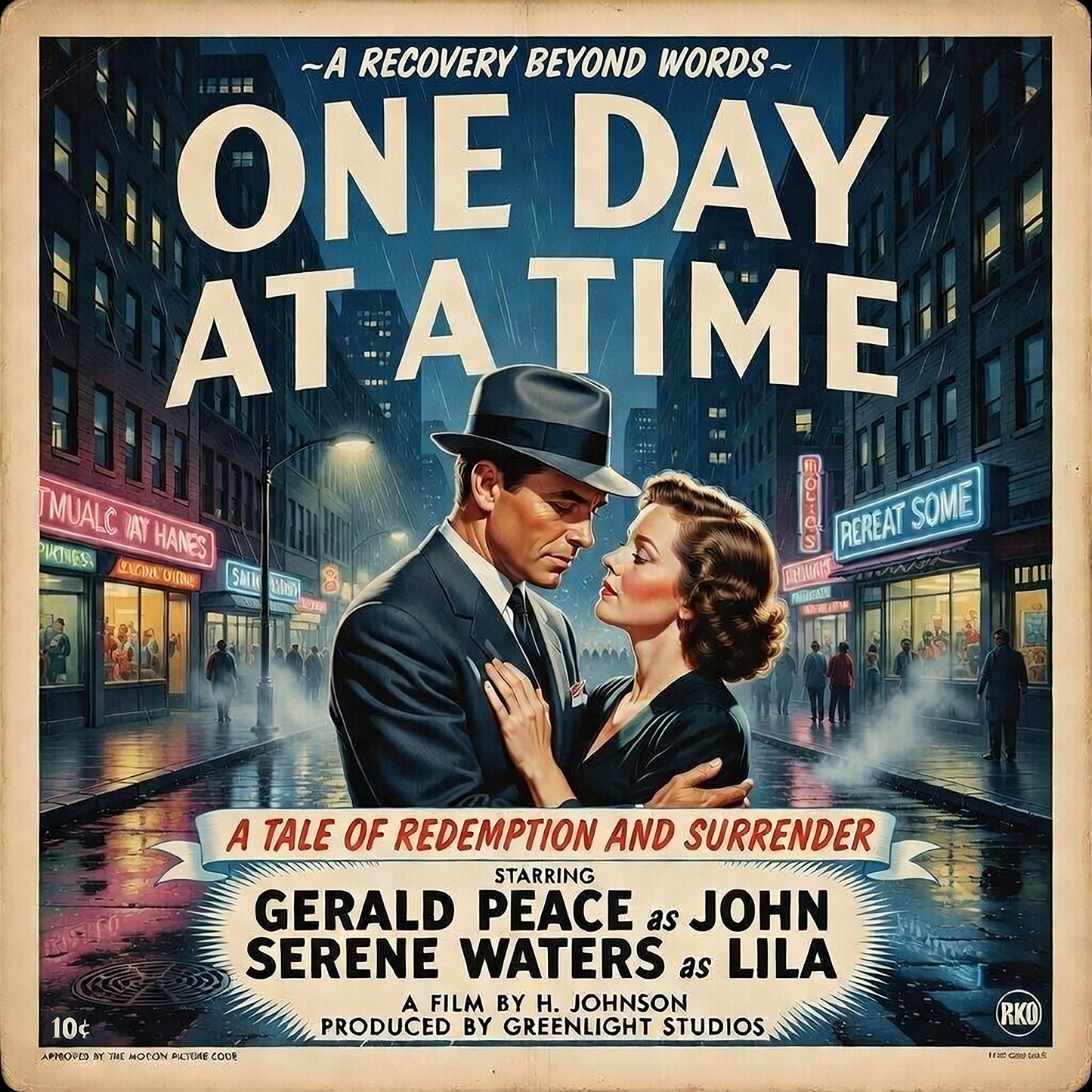 Thumbnail of a 1950s retro one day at a time sobriety coffee mug design with vintage movie poster couple in rainy city street scene. Flim noir.