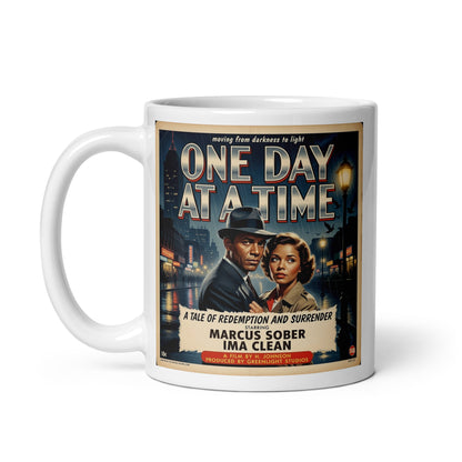 1950s film noir style “One Day at a Time” sobriety illustration featuring a vintage couple in a rainy city street with retro movie poster typography for a recovery themed coffee mug design.