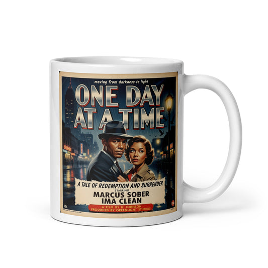 Mysterious 1950s film noir style “One Day at a Time” sobriety illustration featuring a vintage couple in a rainy city street with retro movie poster typography for a recovery themed coffee mug design.