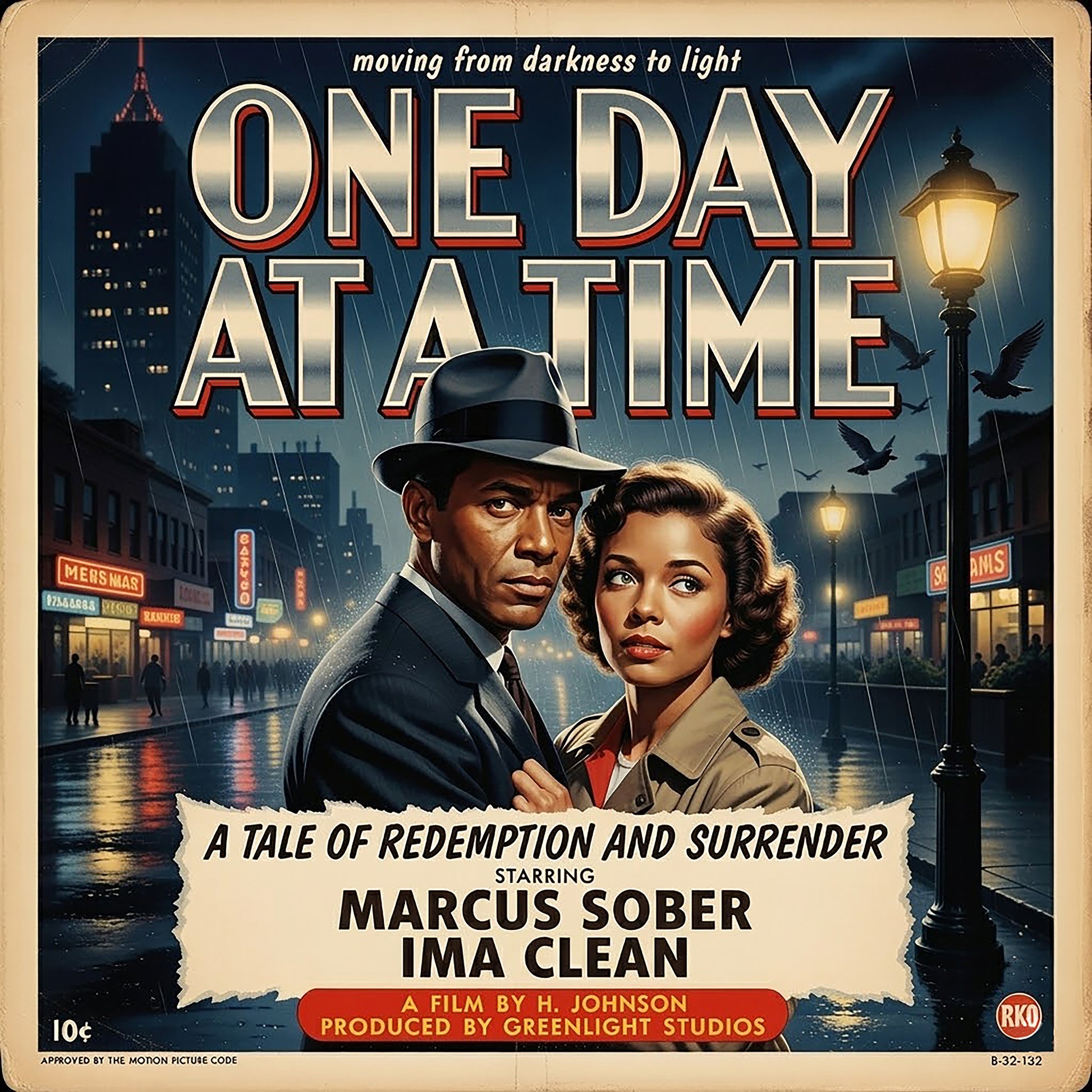 Thumbnail of a 1950s film noir style “One Day at a Time” sobriety illustration featuring a vintage couple in a rainy city street with retro movie poster typography for a recovery themed coffee mug design.