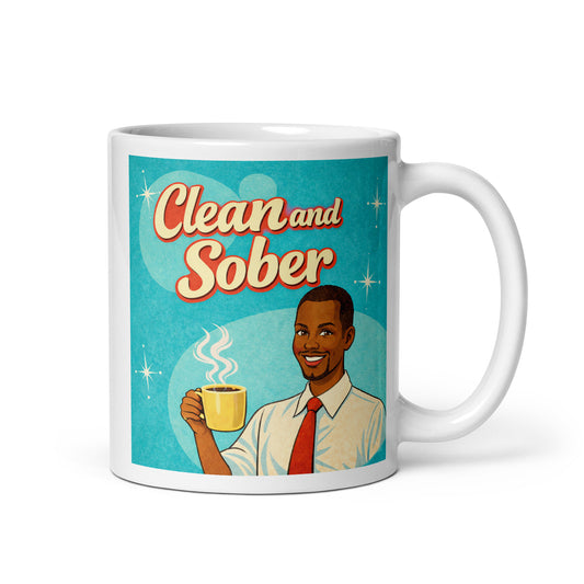 1950s retro style “Clean and Sober” illustration featuring a smiling man holding a coffee mug with atomic starbursts and turquoise background for a vintage sobriety coffee mug design.