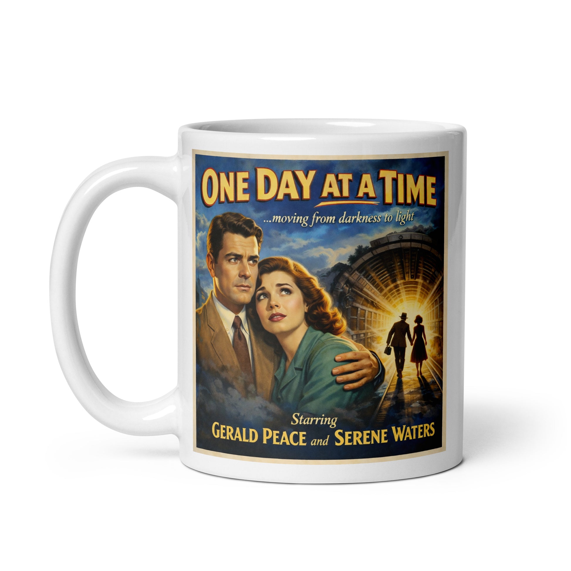 Film noir 1950s retro movie poster style “One Day at a Time” sobriety illustration featuring a vintage couple, dramatic tunnel lighting, and recovery-themed imagery symbolizing moving from darkness to light for a coffee mug design.