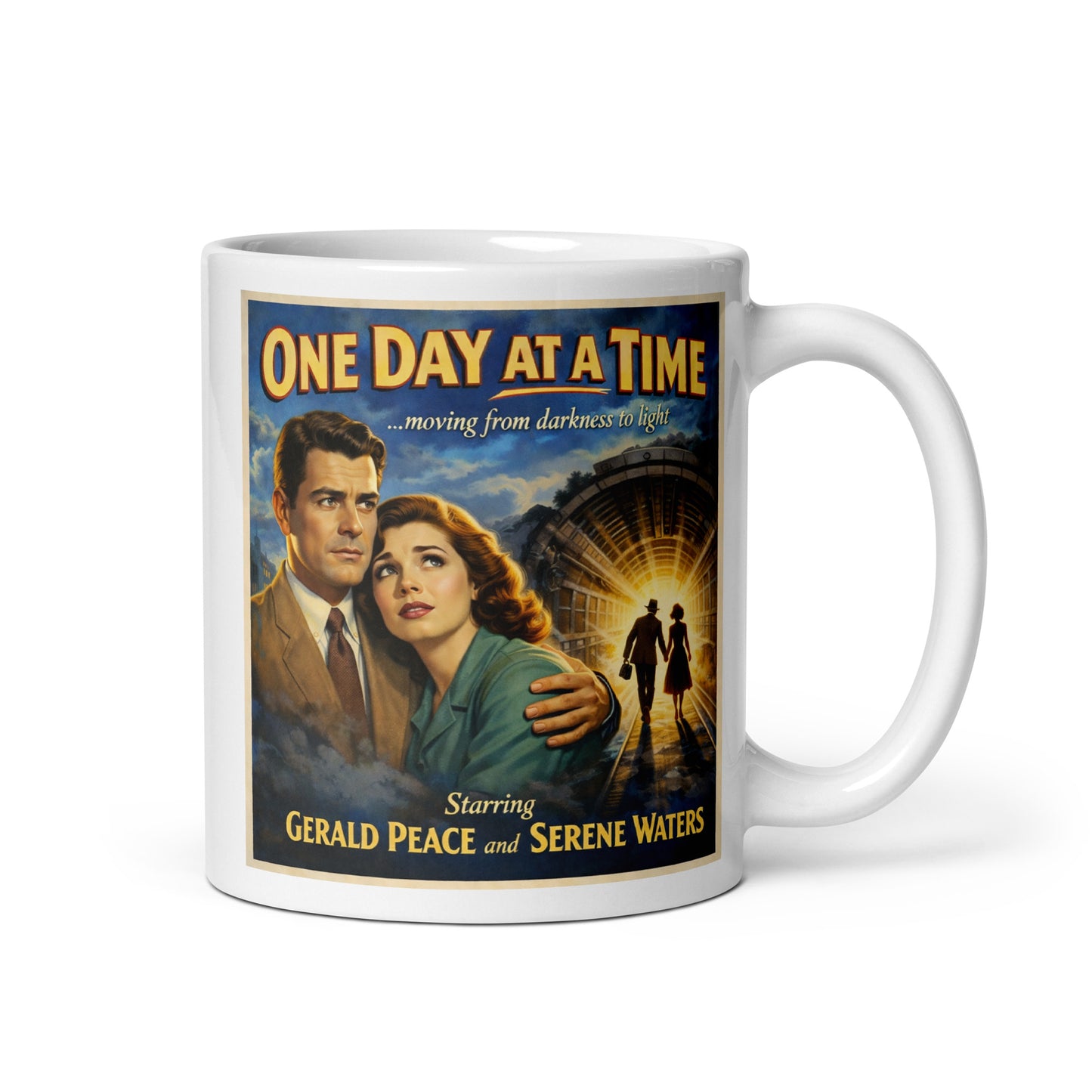 1950s retro movie poster style “One Day at a Time” sobriety illustration featuring a vintage couple, dramatic tunnel lighting, and recovery-themed imagery symbolizing moving from darkness to light for a coffee mug design.