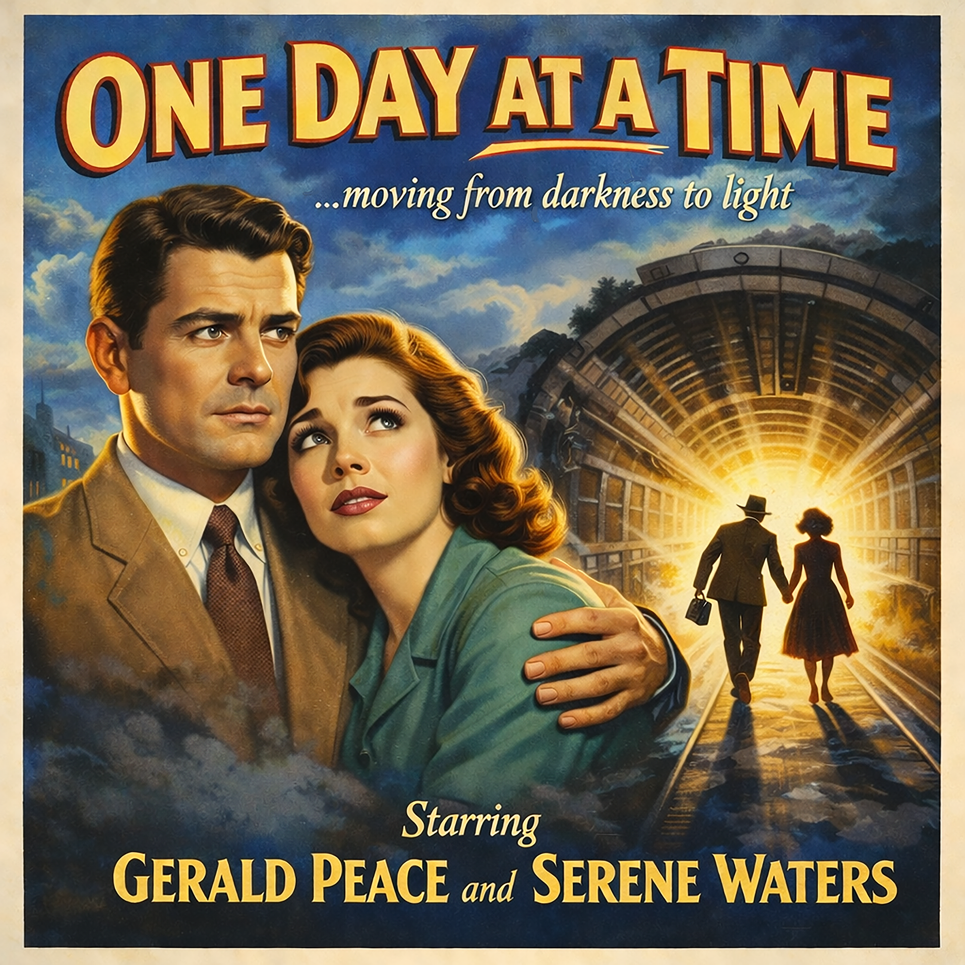 Thumbnail of a 1950s retro movie poster style “One Day at a Time” sobriety illustration featuring a vintage couple, dramatic tunnel lighting, and recovery-themed imagery symbolizing moving from darkness to light for a coffee mug design.
