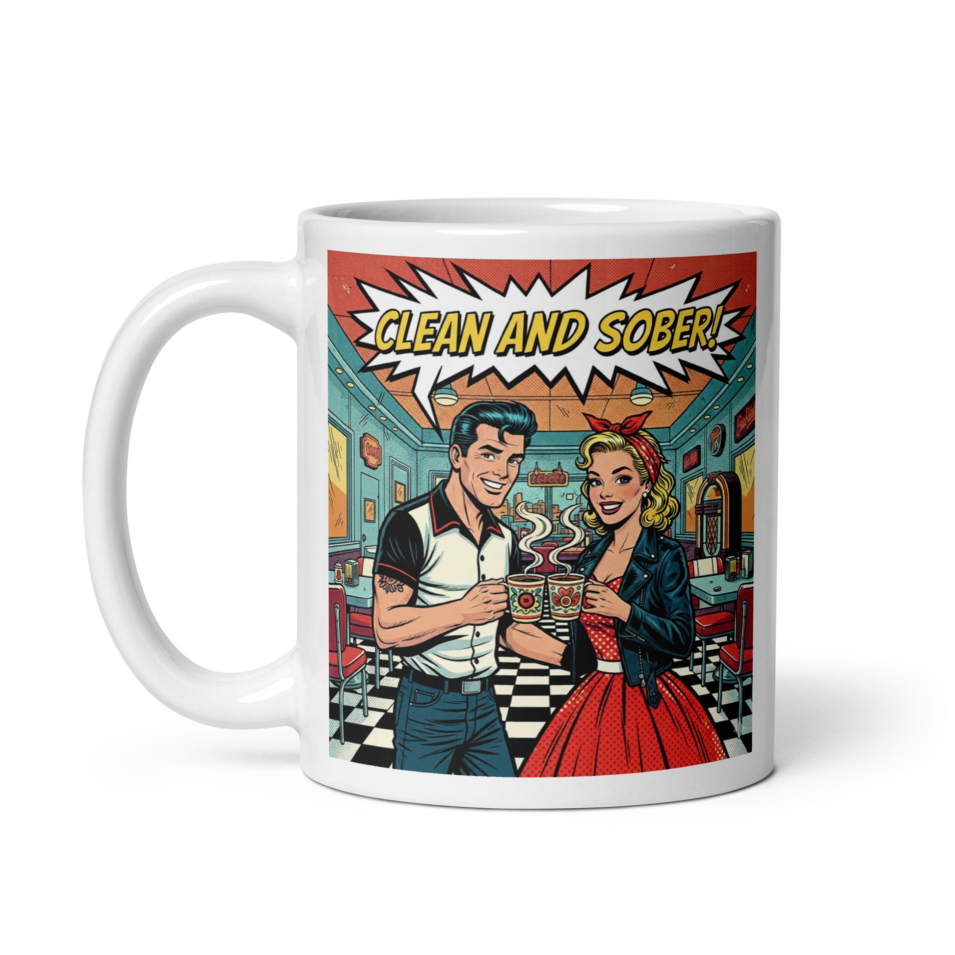 1950s rockabilly style “Clean and Sober” illustration featuring a retro couple holding coffee mugs inside a vintage diner with checkerboard floors and jukebox for a sobriety themed coffee mug design.