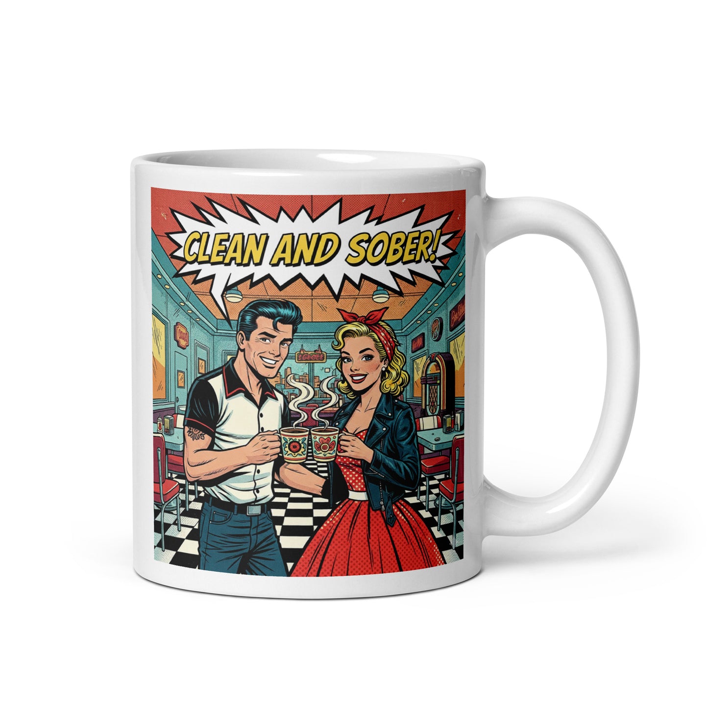 Cool swinging 1950s rockabilly style “Clean and Sober” illustration featuring a retro couple holding coffee mugs inside a vintage diner with checkerboard floors and jukebox for a sobriety themed coffee mug design.