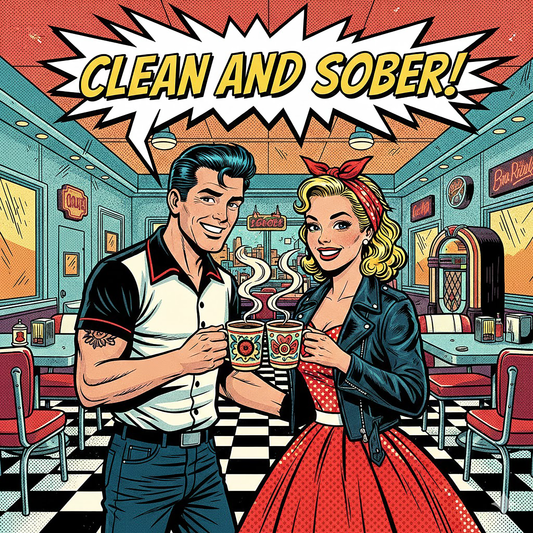 Thumbnail of a 1950s rockabilly style “Clean and Sober” illustration featuring a retro couple holding coffee mugs inside a vintage diner with checker board floors and jukebox for a sobriety themed coffee mug design.