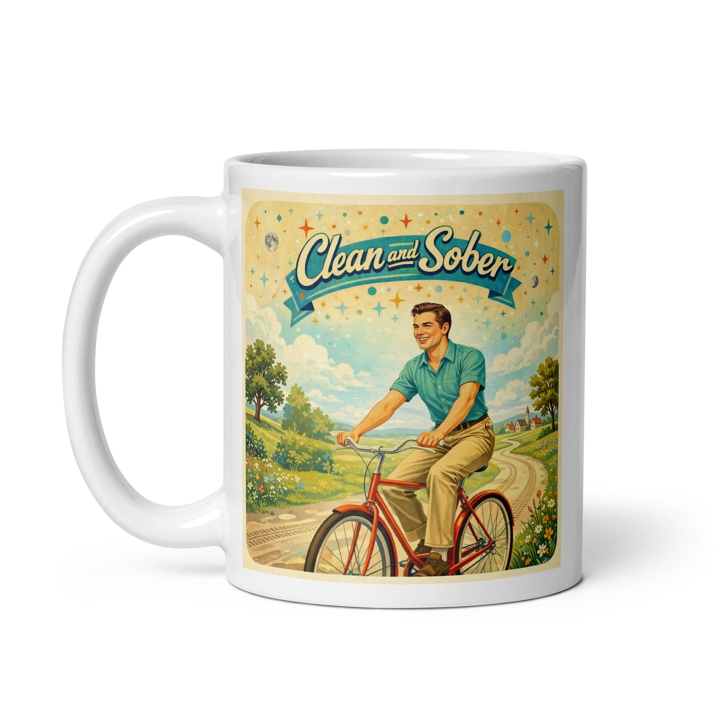 1950s retro clean and sober coffee mug design featuring a sober man enjoying life riding a red bicycle through a bright countryside landscape with vintage typography.