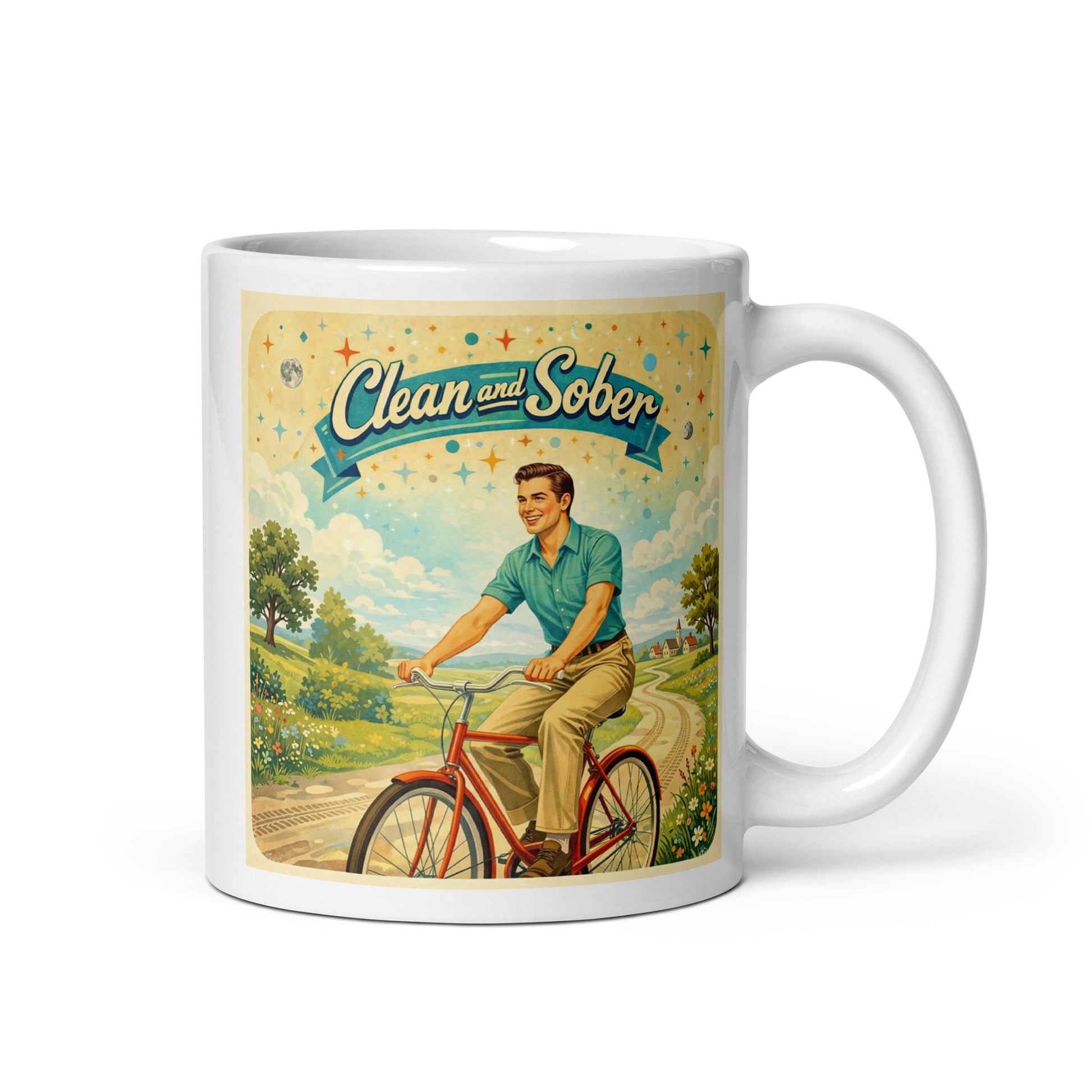 1950s retro clean and sober coffee mug design featuring a smiling man riding a red bicycle through a bright countryside landscape with vintage typography.