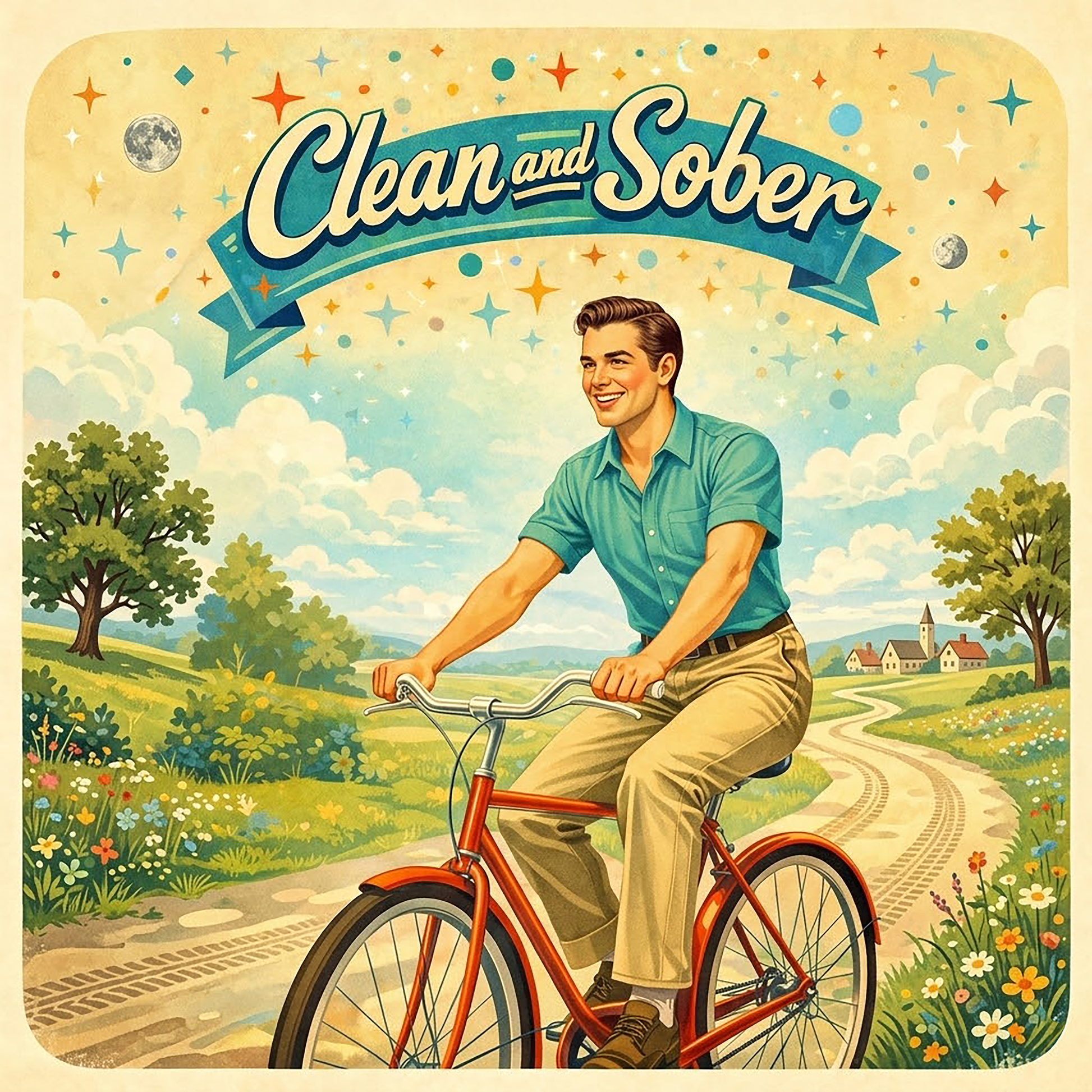Thumbnail of a 1950s retro clean and sober coffee mug design featuring a smiling man riding a red bicycle through a bright countryside landscape with vintage typography.