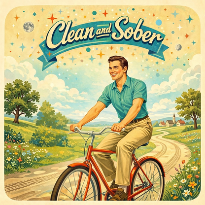 Thumbnail of a 1950s retro clean and sober coffee mug design featuring a smiling man riding a red bicycle through a bright countryside landscape with vintage typography.