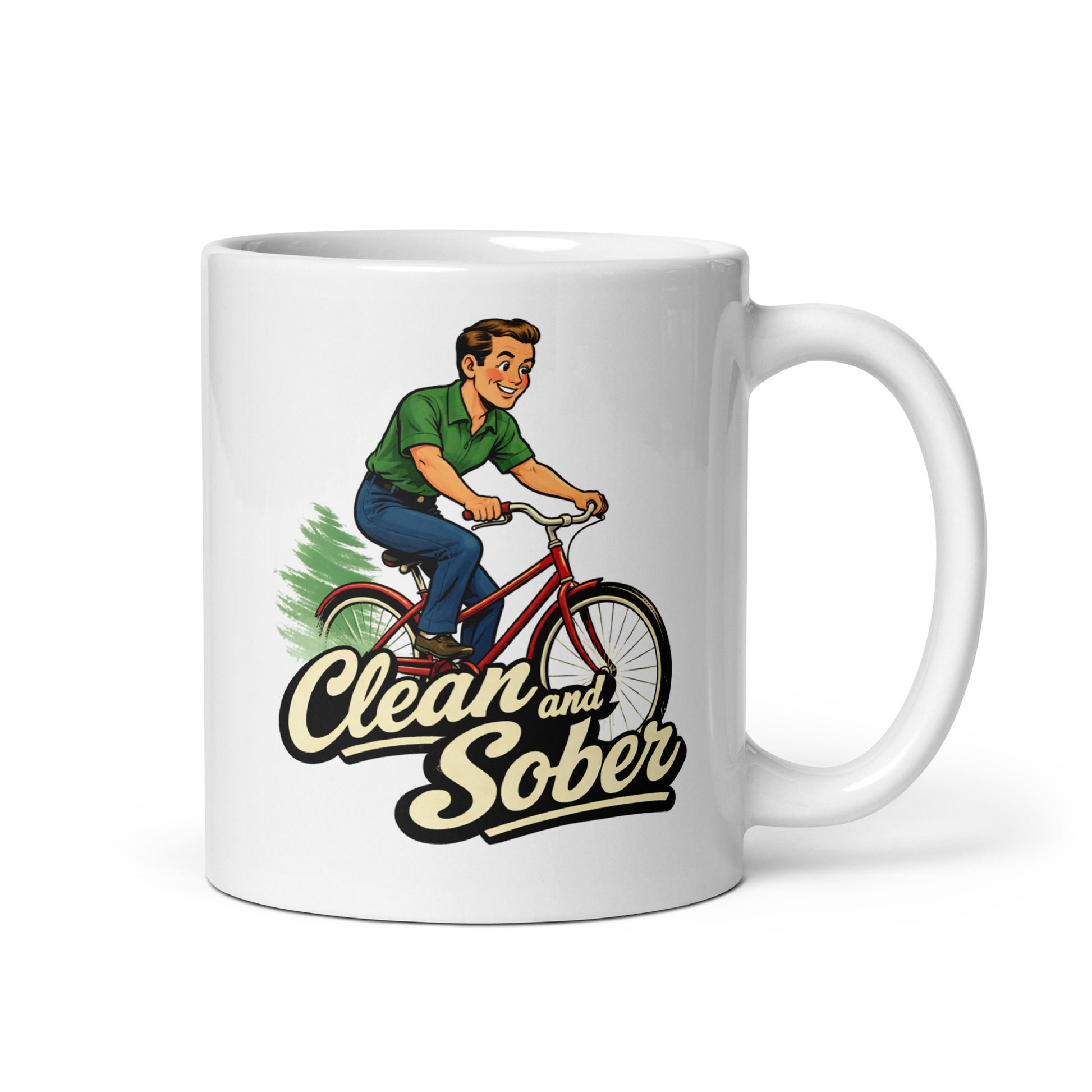 1950s retro clean and sober coffee mug design featuring a smiling man riding a red bicycle with vintage typography and recovery themed artwork.