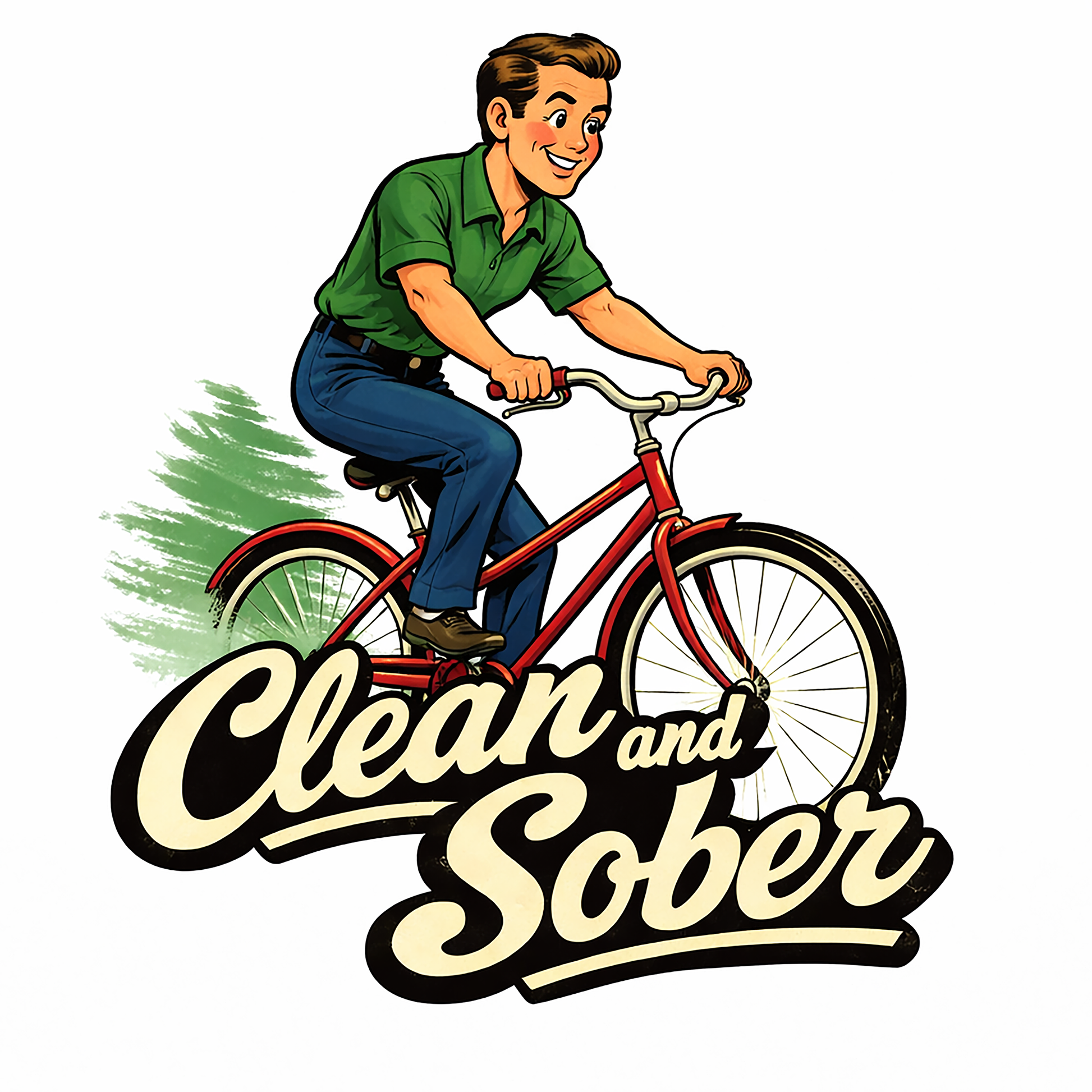 Thumbnail of a 1950s retro clean and sober coffee mug design featuring a smiling man riding a red bicycle with vintage typography and recovery themed artwork.