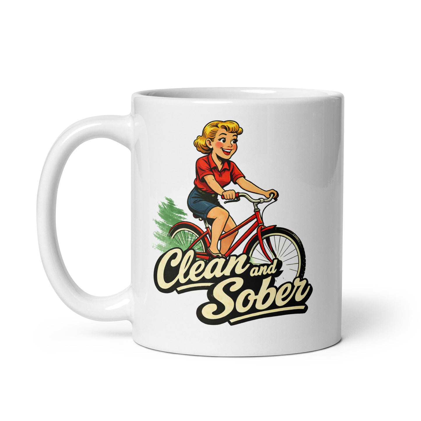 Peppy 1950s retro clean and sober coffee mug design featuring a smiling woman riding a red bicycle with bold vintage sobriety lettering.