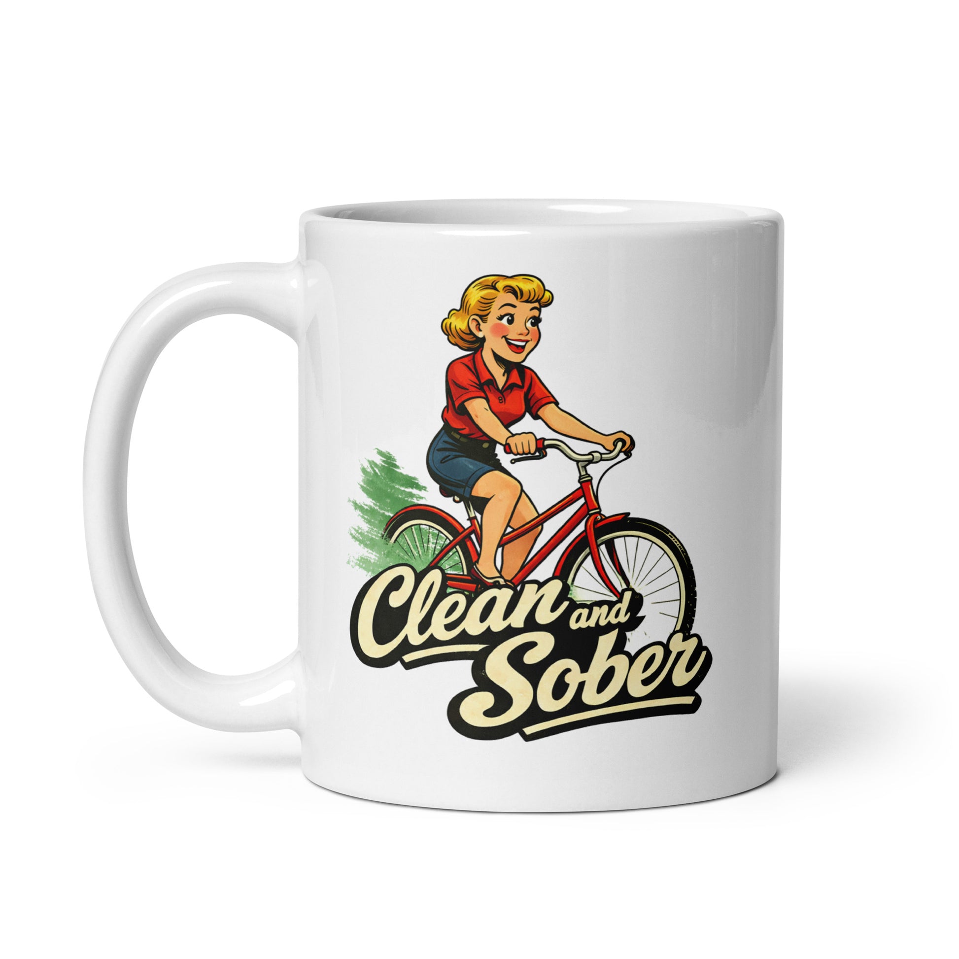 Peppy 1950s retro clean and sober coffee mug design featuring a smiling woman riding a red bicycle with bold vintage sobriety lettering.