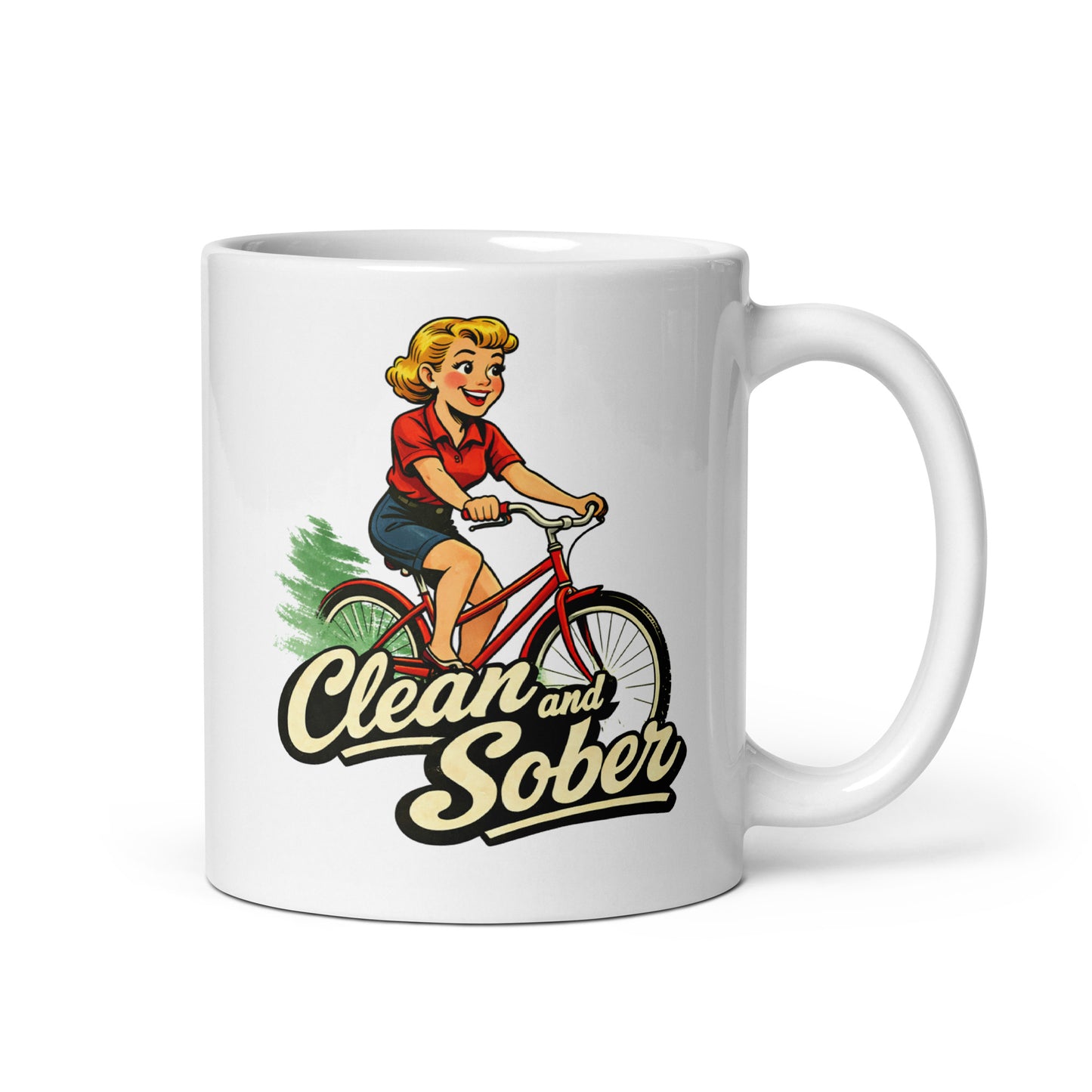 1950s retro clean and sober coffee mug design featuring a smiling woman riding a red bicycle with bold vintage sobriety lettering.