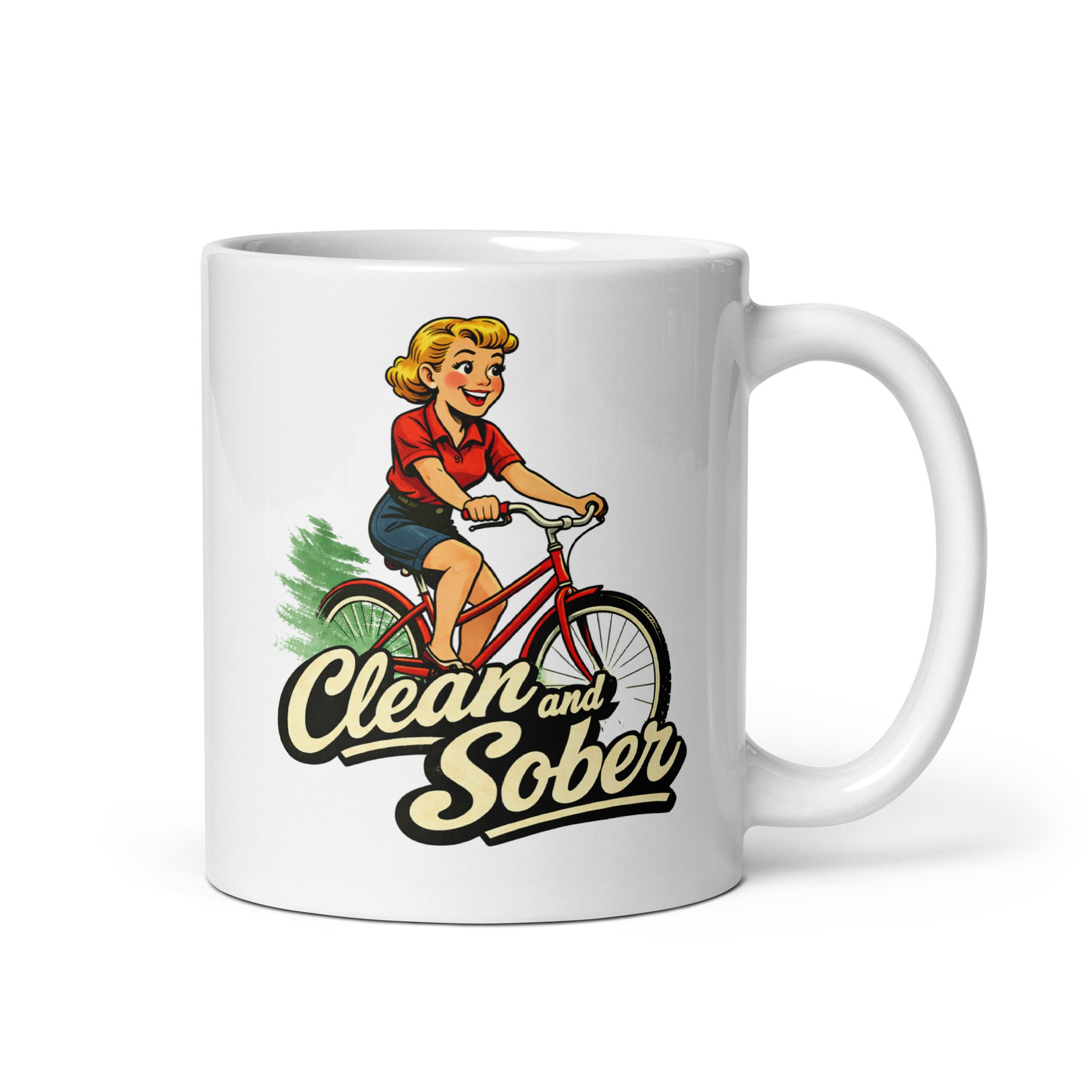 1950s retro clean and sober coffee mug design featuring a smiling woman riding a red bicycle with bold vintage sobriety lettering.