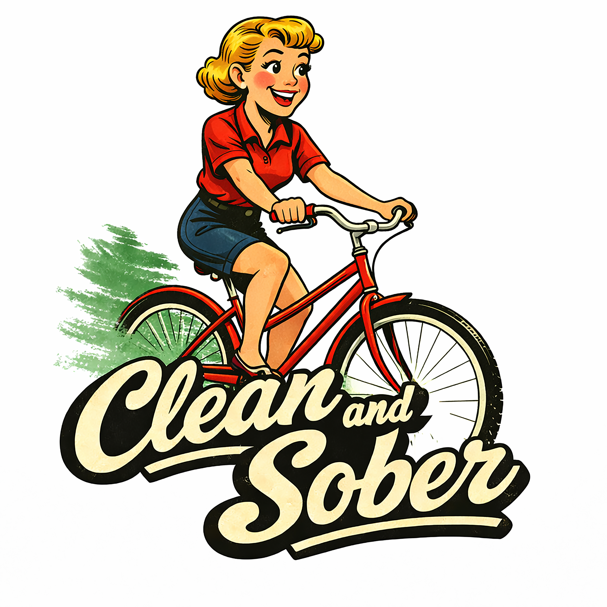 Thumbnail of a 1950s retro clean and sober coffee mug design featuring a smiling woman riding a red bicycle with bold vintage sobriety lettering.